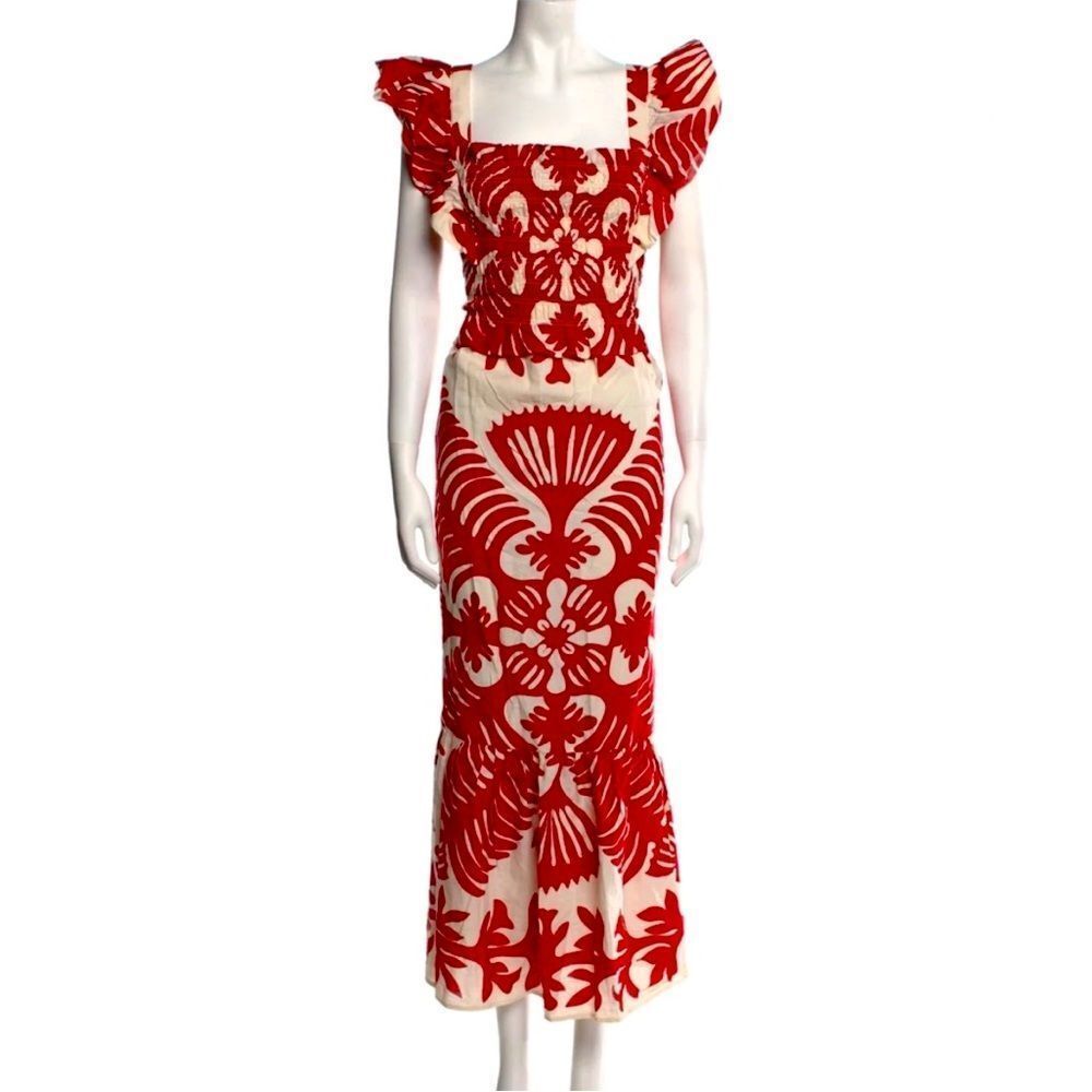 Euc Sea Henrietta Print Smocked Dress Maxi Sleeveless Red Ruby Sz. Xxs